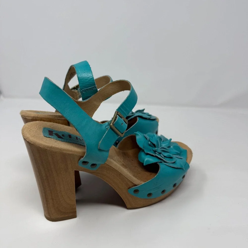 Korks by Kork-Ease Womens Turquoise Leather Floral Wood Platform Sandals Q65413